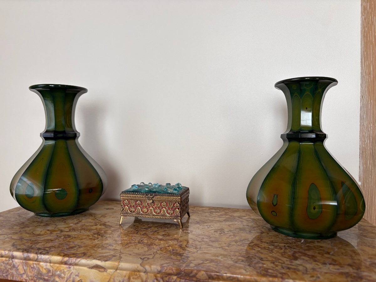 Pair Of Bohemian Lithyalin Glass Vases 1820-photo-2