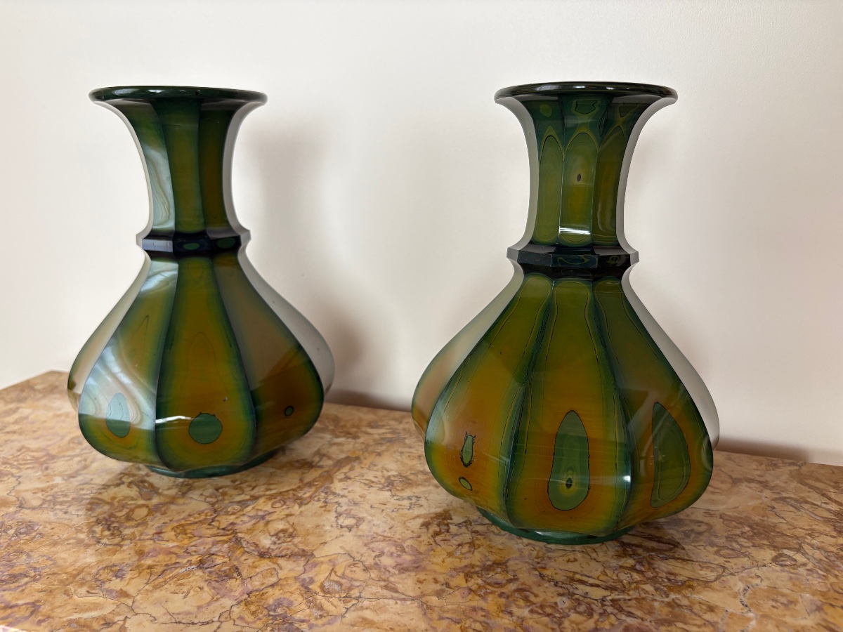Pair Of Bohemian Lithyalin Glass Vases 1820