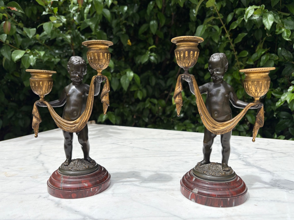 Pair Of Candlesticks With Cherubs, Cast By Susse