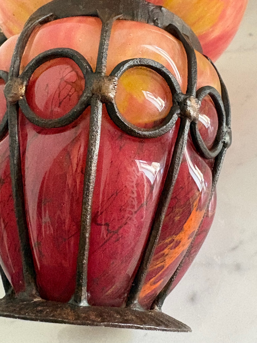 Pair Of Schneider Vases With Wrought-iron Frames -photo-3