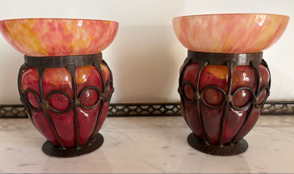 Pair Of Schneider Vases With Wrought-iron Frames 