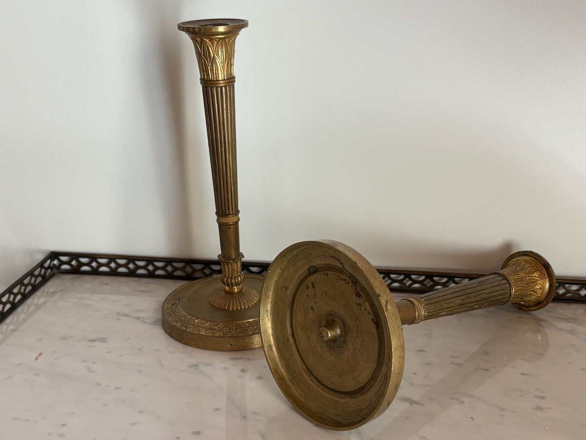 Claude Galle, Pair Of Quiver-shaped Candlesticks In Gilded Bronze -photo-3