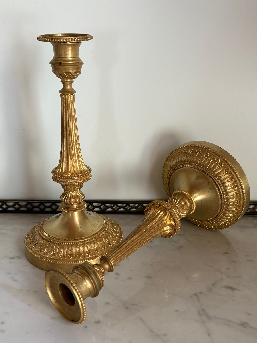 Pair Of Louis XVI Candlesticks In Gilded Bronze -photo-2