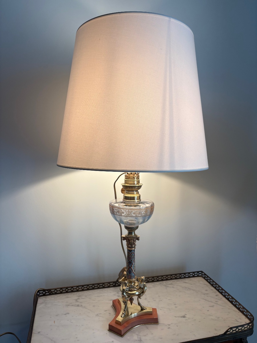 Lampe bronze doré athénienne émaux cloisonnés 