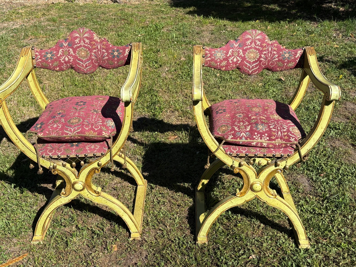 Pair Of Italian Armchairs Made Of Painted Wood Accented With Gilding 