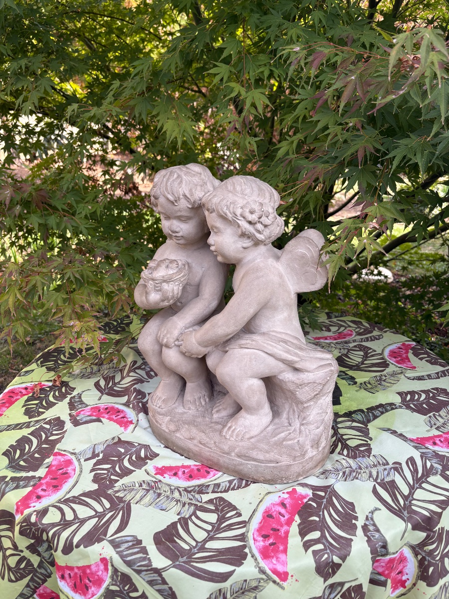 19th-century Stone Sculpture Of Cupid And Zephyr As Children-photo-3