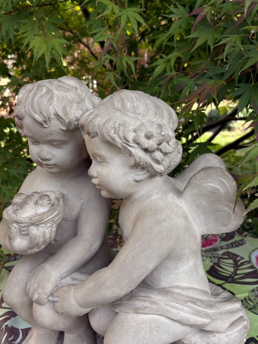 19th-century Stone Sculpture Of Cupid And Zephyr As Children-photo-4
