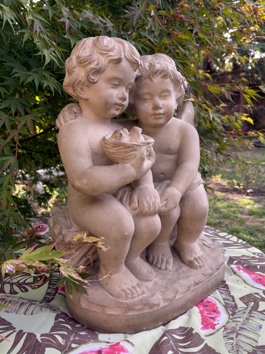 19th-century Stone Sculpture Of Cupid And Zephyr As Children-photo-2