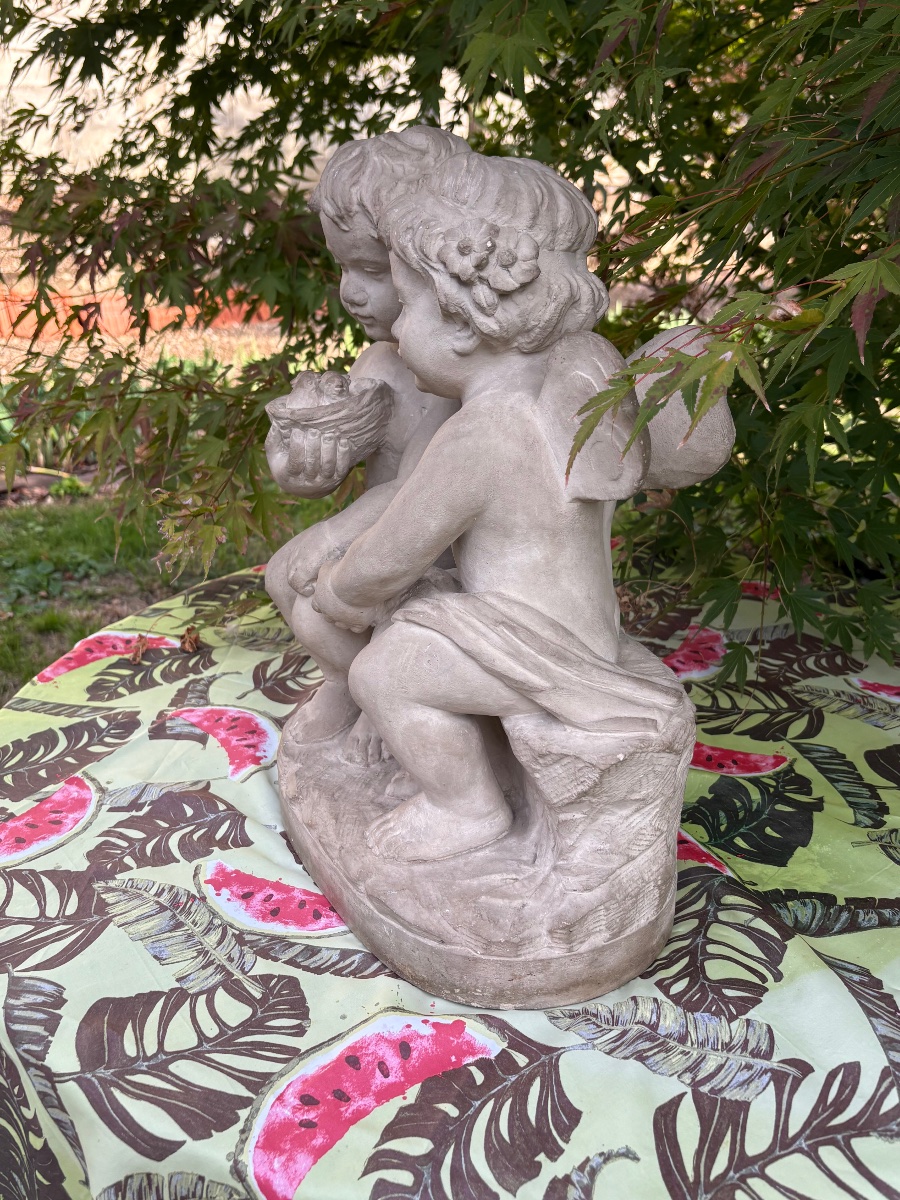 19th-century Stone Sculpture Of Cupid And Zephyr As Children-photo-3