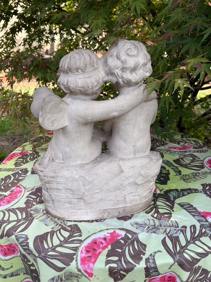 19th-century Stone Sculpture Of Cupid And Zephyr As Children-photo-6