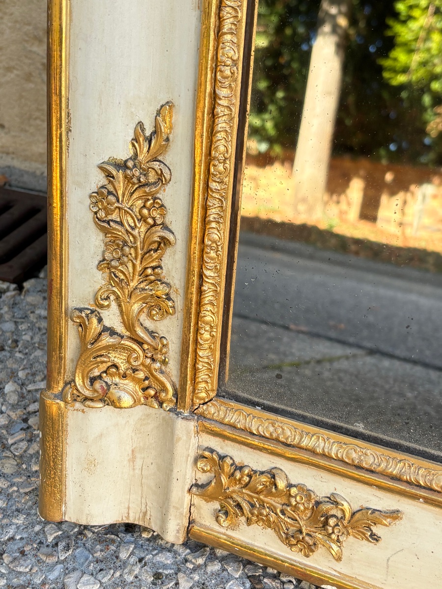 Antique Mirror, Restored With White And Gold Patina, 19th Century-photo-2