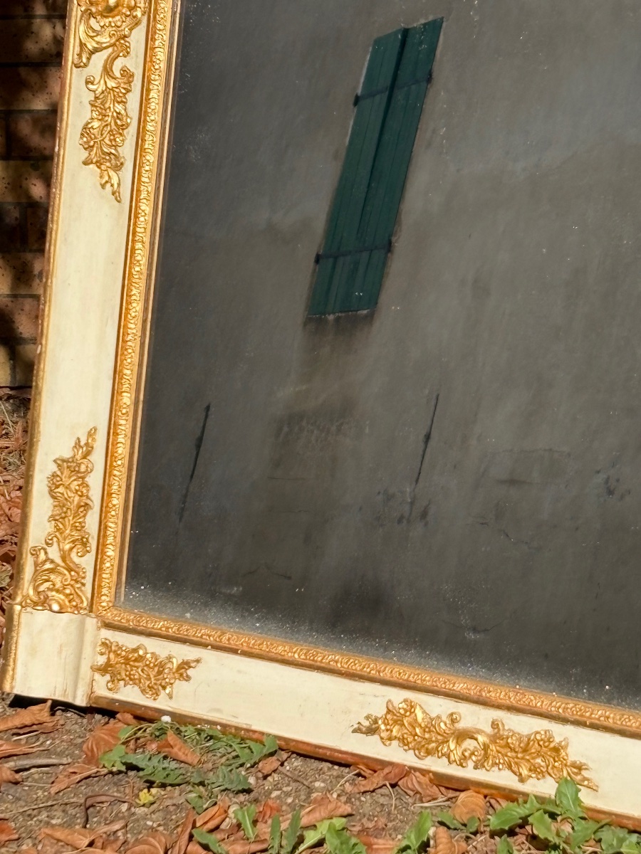 Antique Mirror, Restored With White And Gold Patina, 19th Century-photo-2