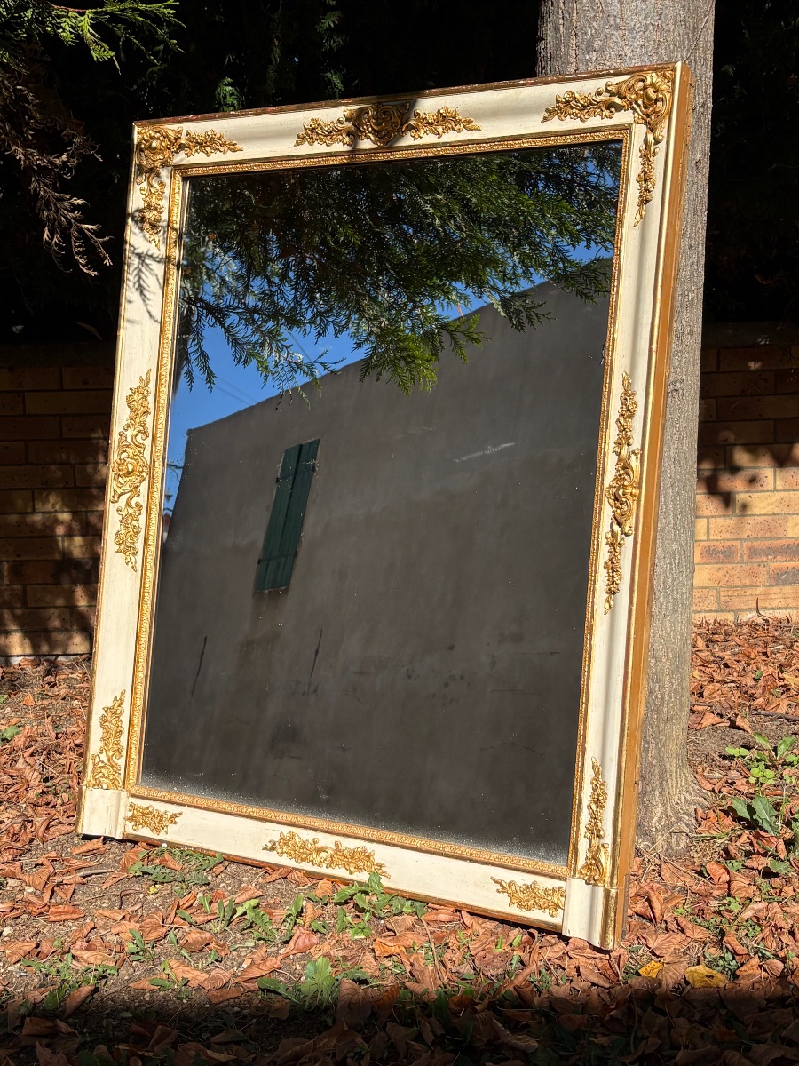 Antique Mirror, Restored With White And Gold Patina, 19th Century