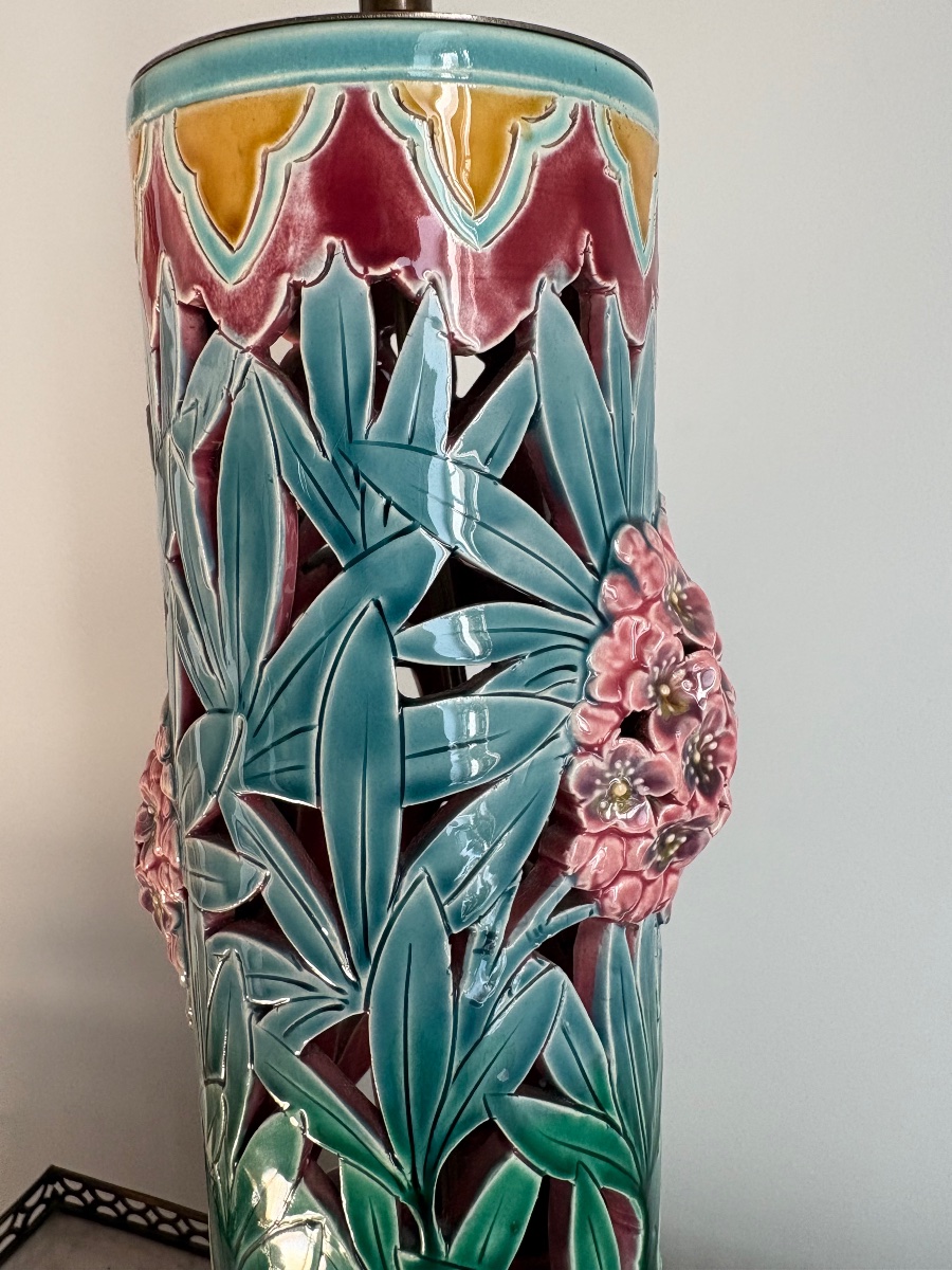Lampe Art Nouveau en faïence barbotine Sarreguemines -photo-1