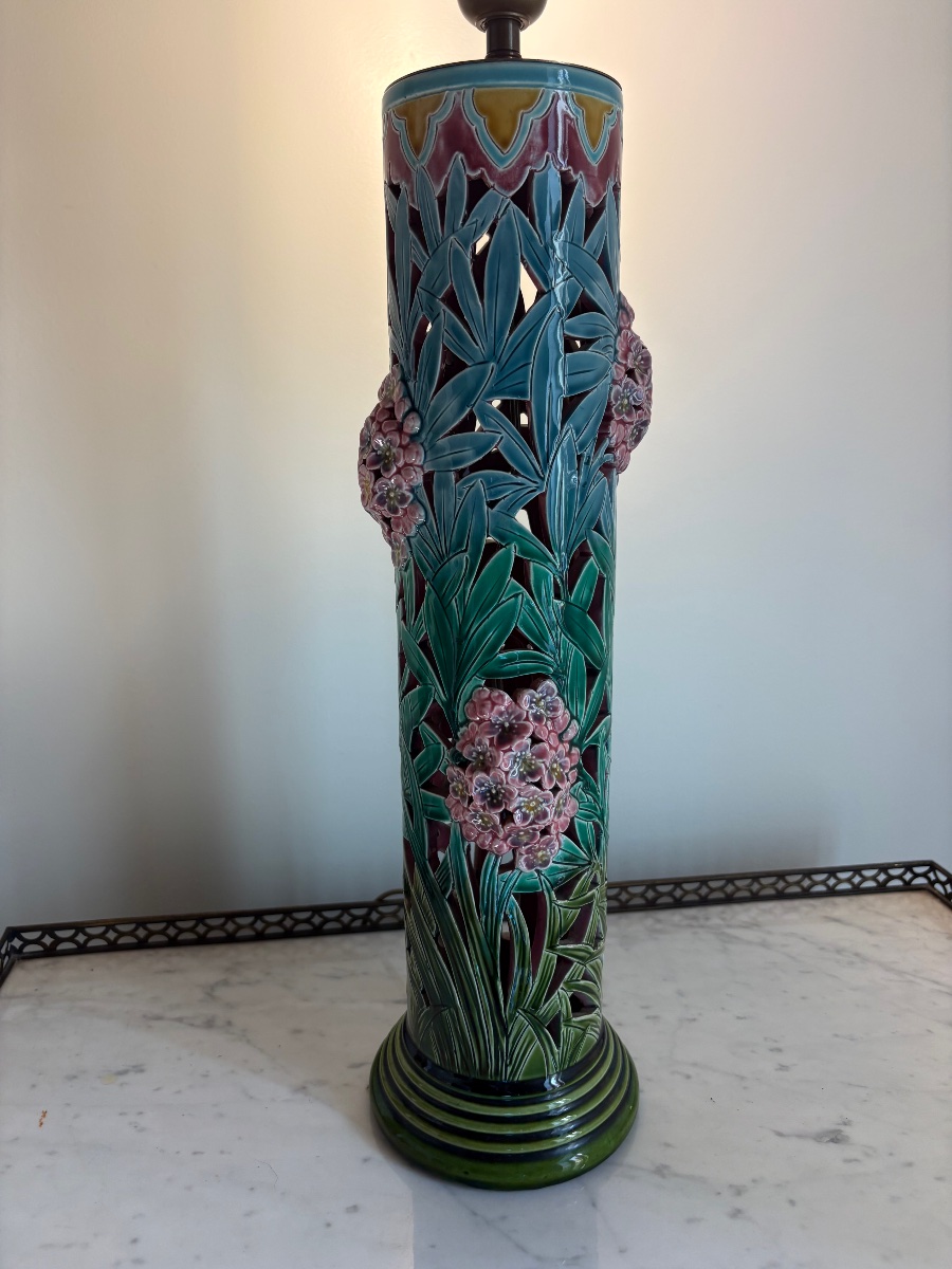 Lampe Art Nouveau en faïence barbotine Sarreguemines -photo-2