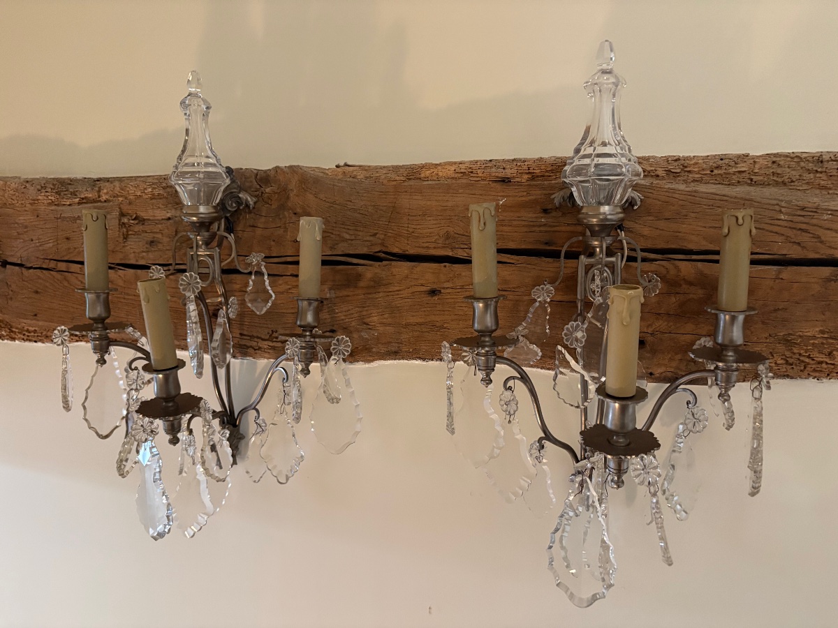 A Striking Pair Of Crystal And Silver-plated Bronze Wall Sconces 