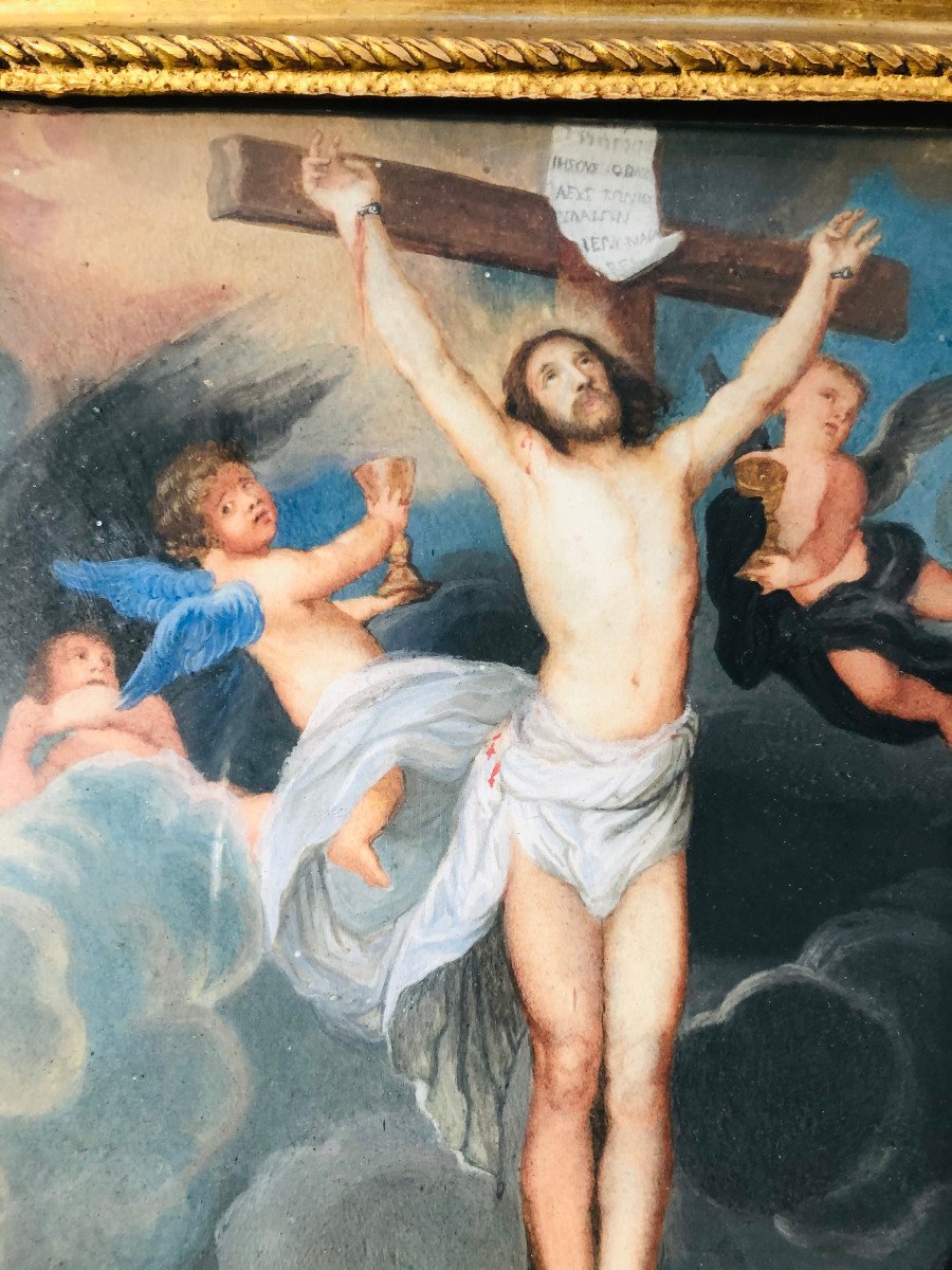 17th Century Gouache Crucifixion On Vellum-photo-2