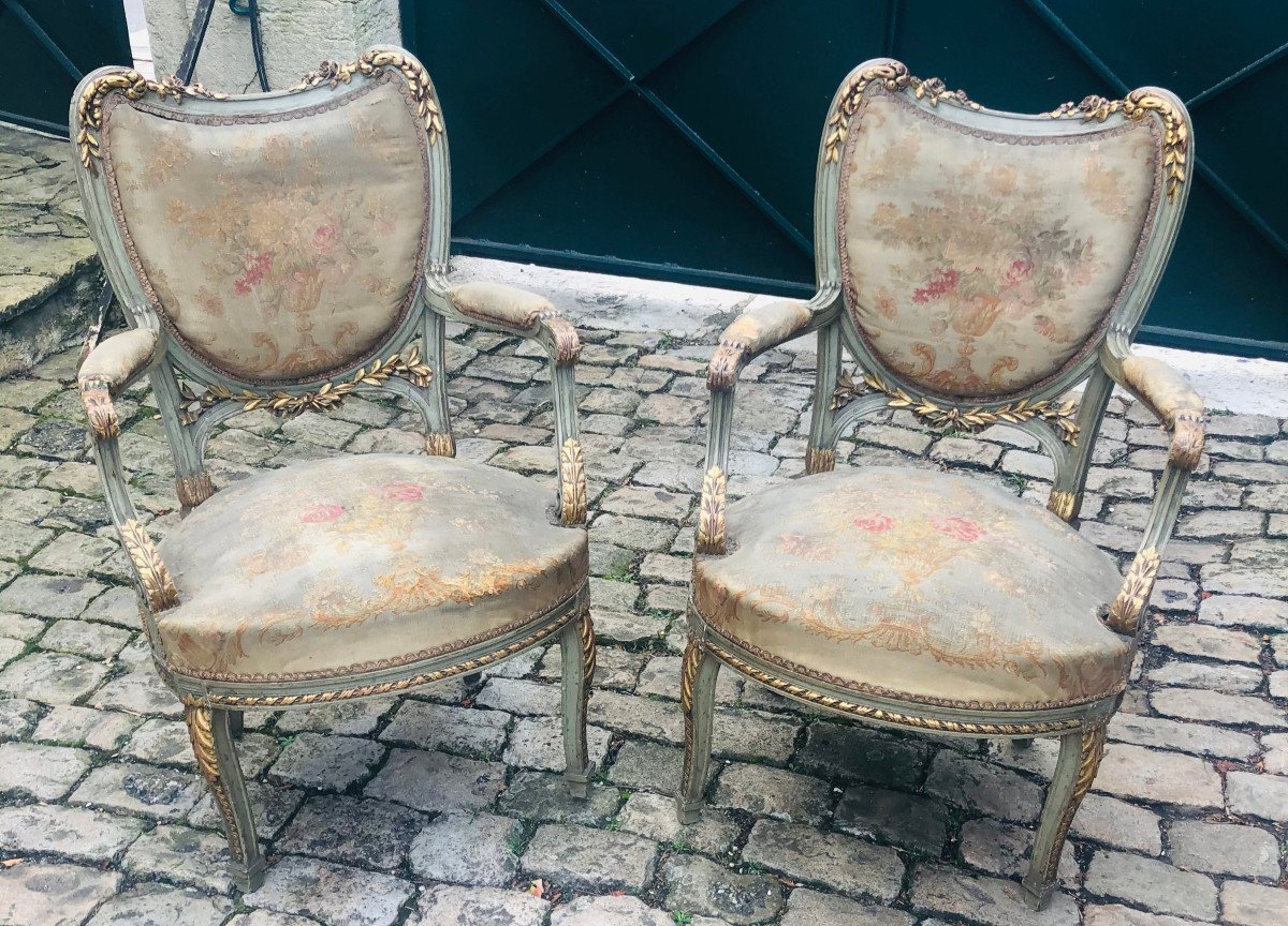 Pair Of Rechampis And Gold Transition Armchairs