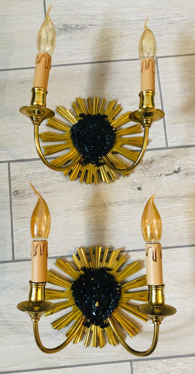 Pair Of Radiant Sun Gilt Bronze Wall Lights From The Charles House