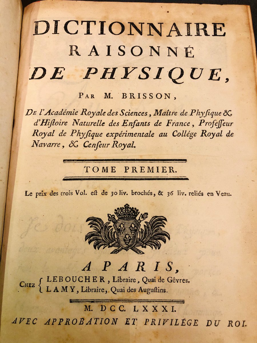 Brisson dictionnaire raisonné de physique 1781 édition originale