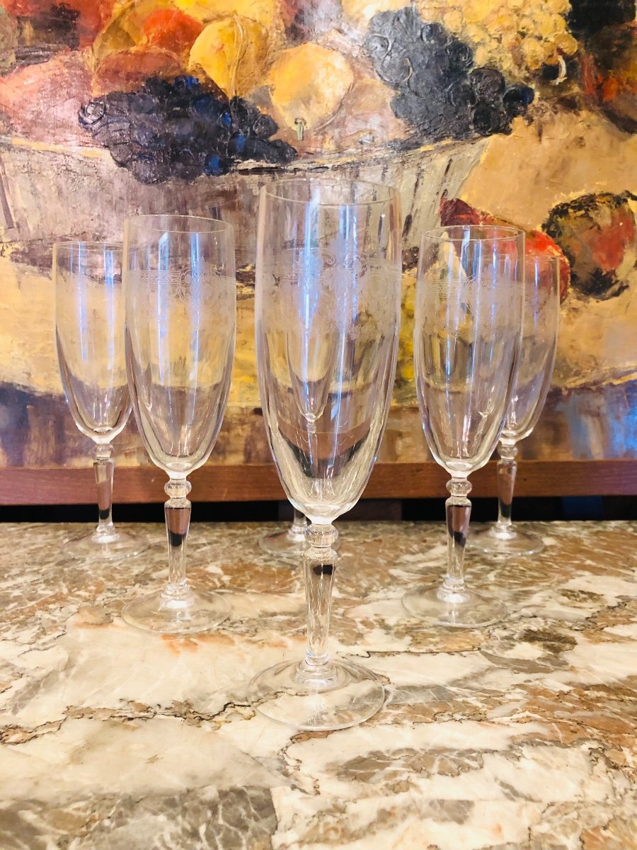 6 Acid Etched Crystal Champagne Flutes-photo-1
