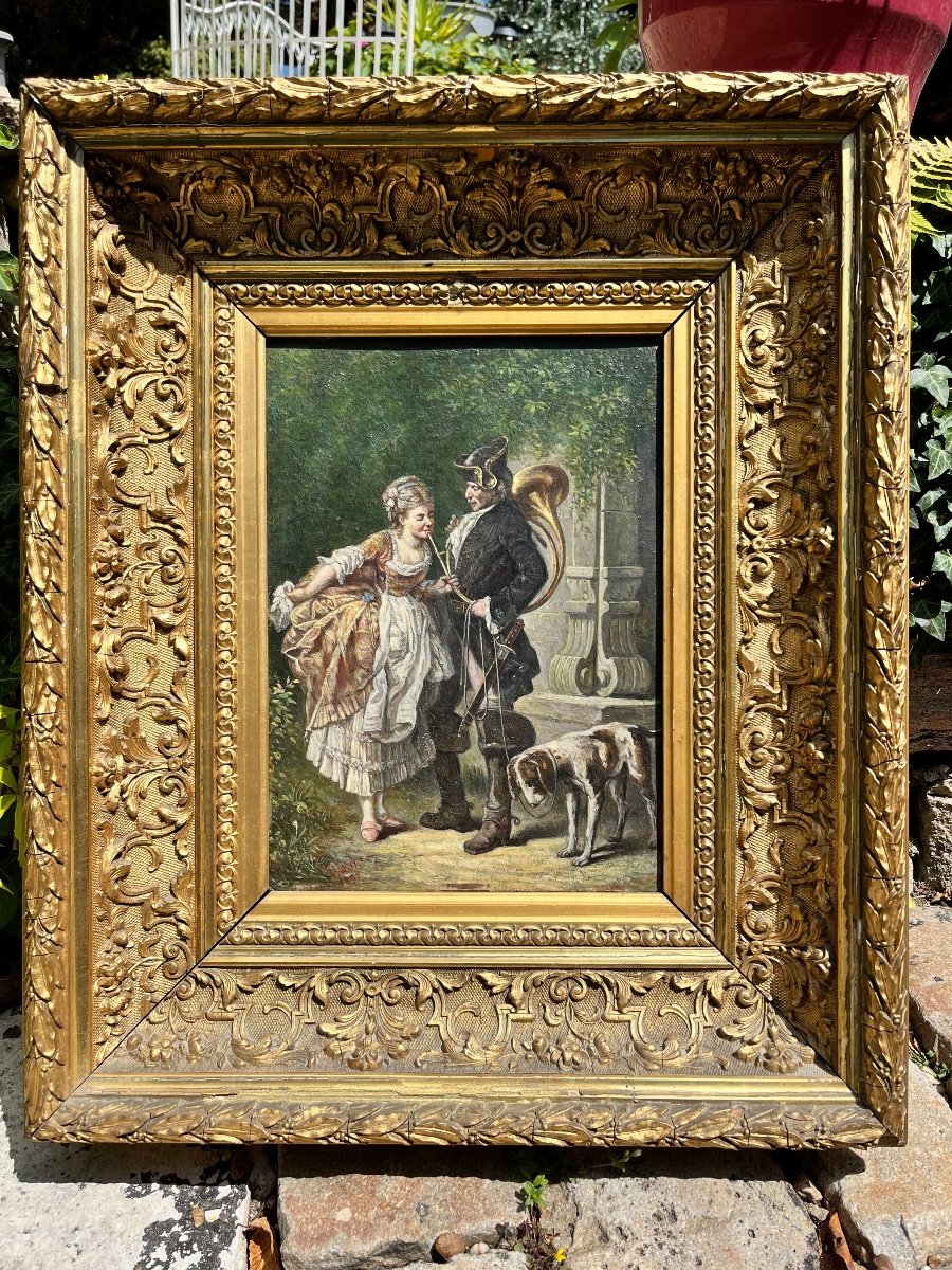 19th Century Painting: The Huntsman In Gallant Company-photo-2