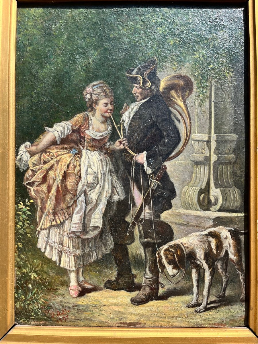 19th Century Painting: The Huntsman In Gallant Company-photo-3