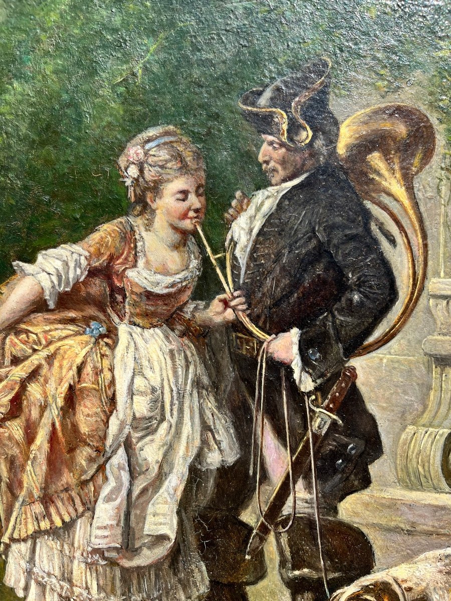 19th Century Painting: The Huntsman In Gallant Company-photo-4