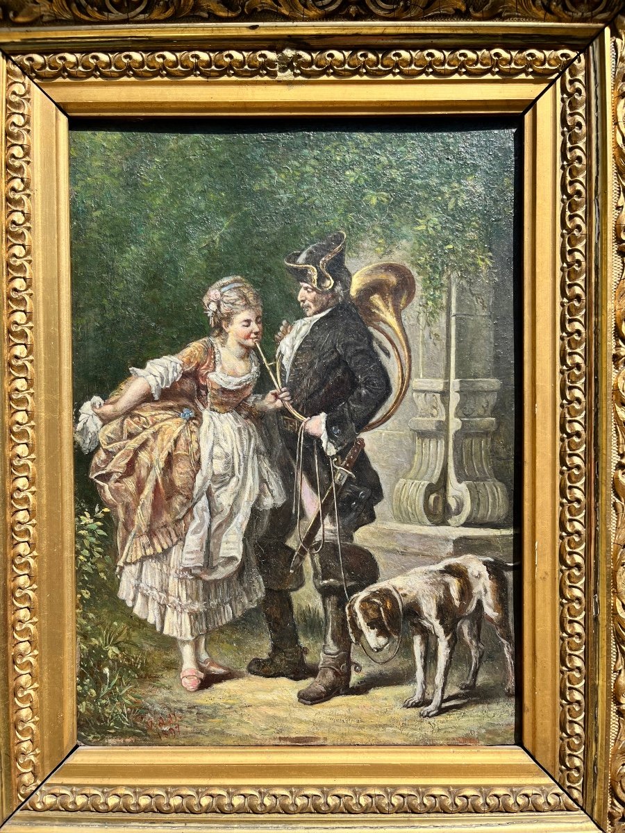 19th Century Painting: The Huntsman In Gallant Company