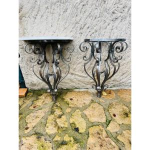 Pair Of Louis XIV Style Wrought Iron Consoles