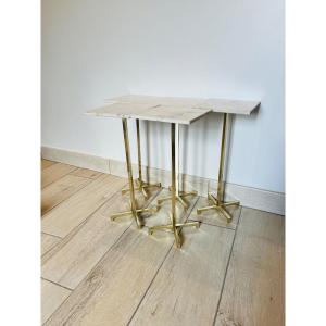 Five Small Pedestal Tables / End Tables / Display Stands In Brass And Marble 