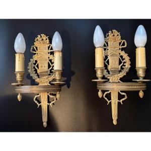 Pair Of Empire Style Wall Sconces In Gilt Bronze 