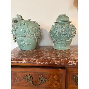 Vase/celadon Covered Pot With Relief Peony Design