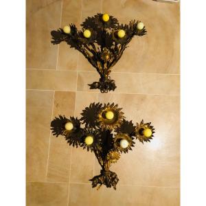 Pair Of Sunflower Sconces In Brass