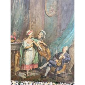 Paire de tableaux scènes XVIIIe 
