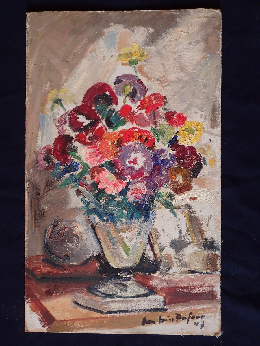 Jean-jules Dufour (1889-1973). Bouquet De Fleurs. Huile Sur Carton.