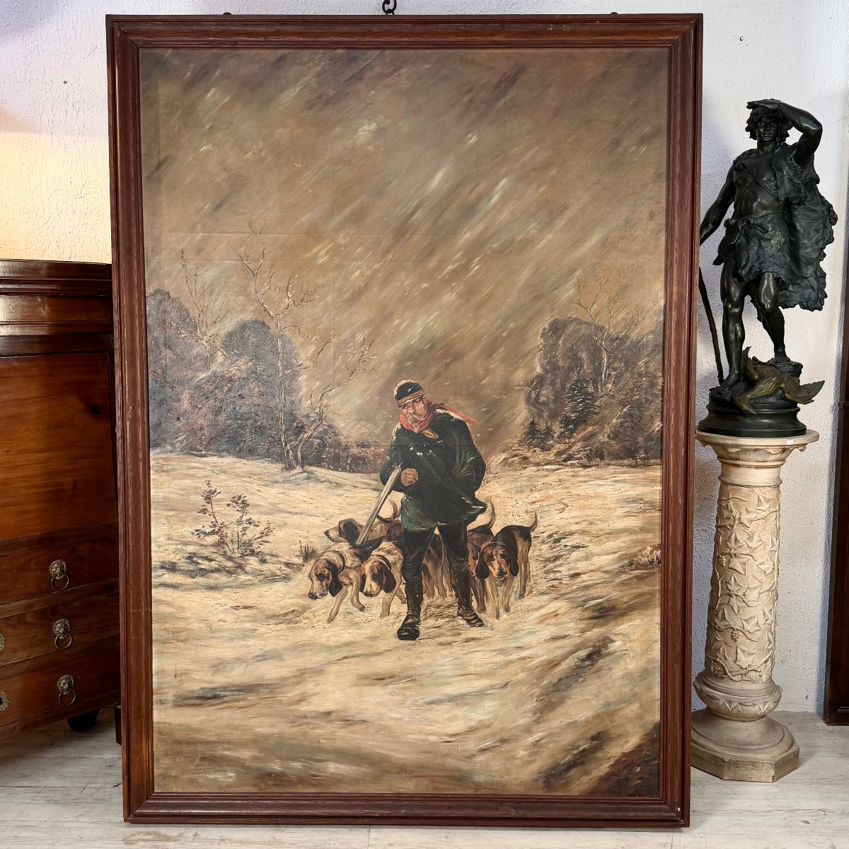 Huile sur toile chasseur et ses chiens-photo-2