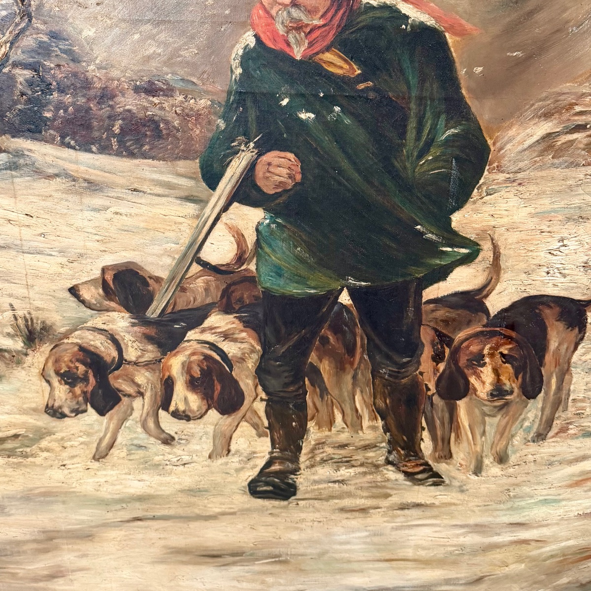 Huile sur toile chasseur et ses chiens-photo-4