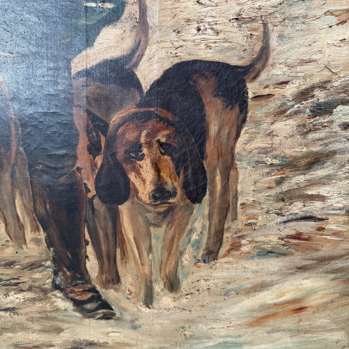 Huile sur toile chasseur et ses chiens-photo-1