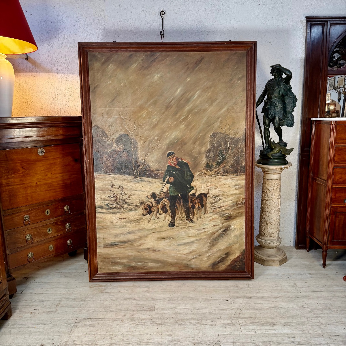 Huile sur toile chasseur et ses chiens