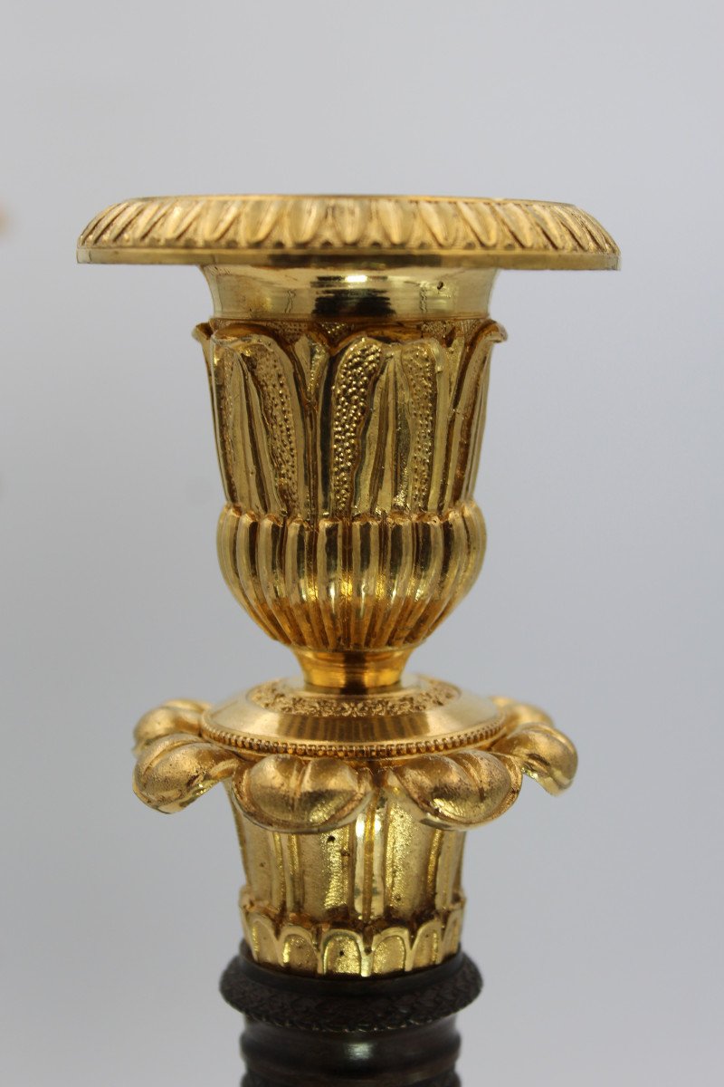 Pair Of Candlesticks In Gilt And Patinated Bronze, Restoration Period-photo-4