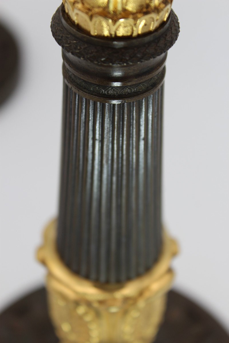 Pair Of Candlesticks In Gilt And Patinated Bronze, Restoration Period-photo-2