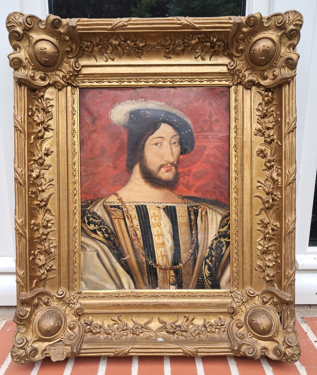 Portrait De François 1er, Huile Sur Toile, Cadre Aux Armes De France, XIXème