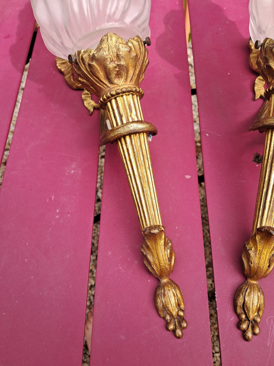 Pair Of Sconces Depicting Torches, Gilt Bronze, Ca 1900-photo-2