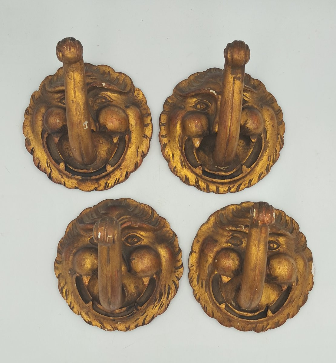 4 Curtain Tiebacks, Lion Heads, Carved And Gilded Wood, Italy 19th Century-photo-2