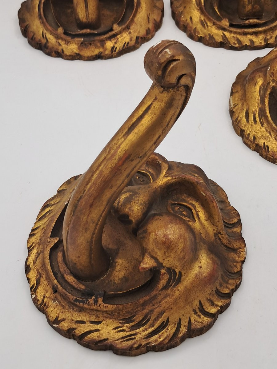 4 Curtain Tiebacks, Lion Heads, Carved And Gilded Wood, Italy 19th Century-photo-3