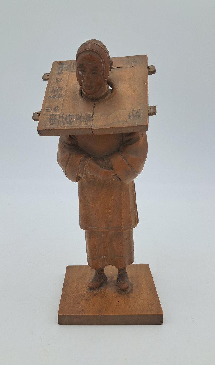 Carved Wooden "wooden Collar Punishment" Figurine, China Circa 1900