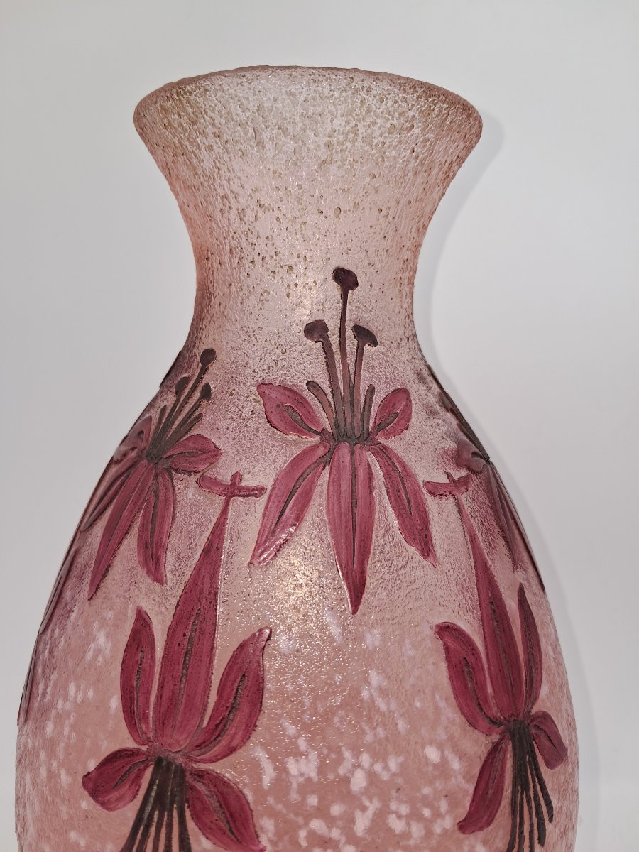 Acid-etched Vase Signed Legras, Decorated With Fuchsias, Art Deco-photo-2
