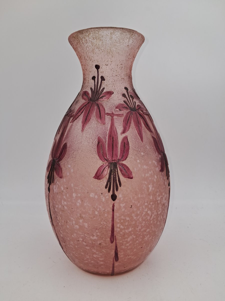 Acid-etched Vase Signed Legras, Decorated With Fuchsias, Art Deco-photo-3