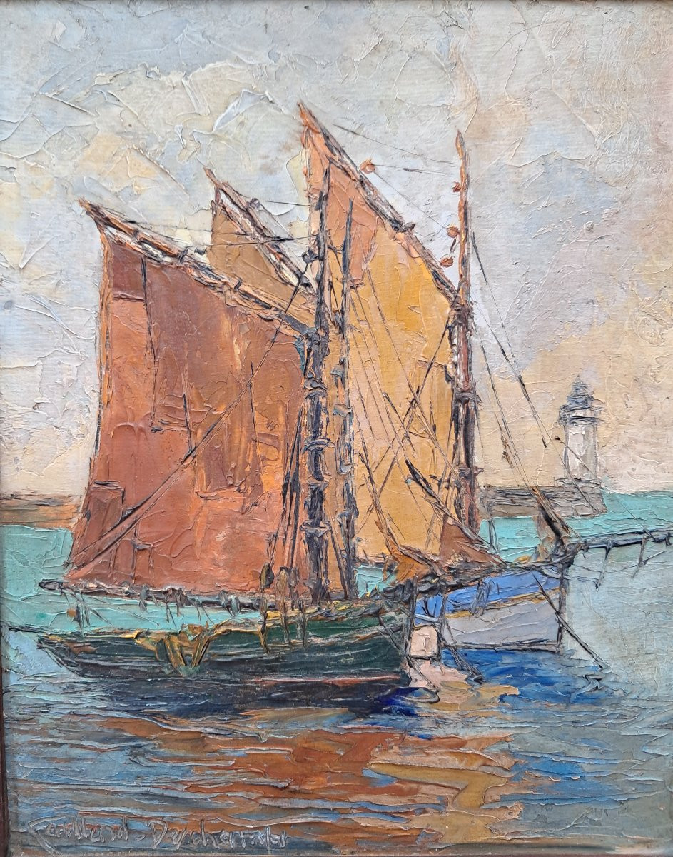 Alexandre GAILLARD-DESCHAMPS, vue d'un port en bretagne et au revers la mer, huile sur panneau-photo-2